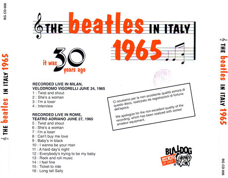 The Beatles Live at TEATRO ADRIANO Roma - June 27, 1965 (Bulldog Records BGCD-006) − artwork, rear inlay