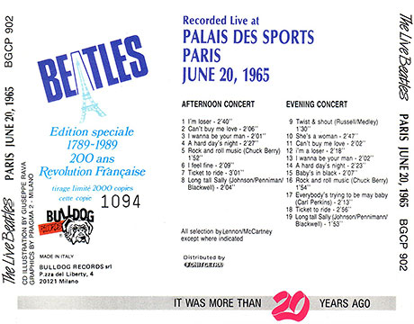 The Beatles Live at PALAIS DES SPORTS Paris - June 20, 1965 (Bulldog Records BGCP 902) − commemorative issue on CD