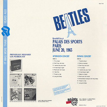 The Beatles Live at PALAIS DES SPORTS Paris - June 20, 1965 (Bulldog Records BGLP 005) – gatefold cover, back side
