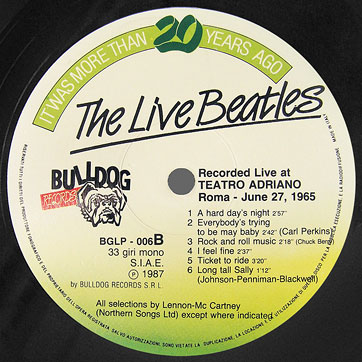 The Beatles Live at TEATRO ADRIANO Roma - June 27, 1965 (Bulldog Records BGLP-006) – label, side B