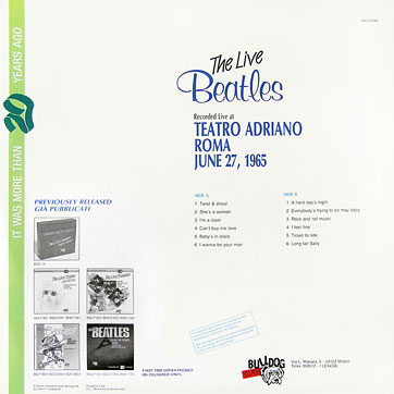 The Beatles Live at TEATRO ADRIANO Roma - June 27, 1965 (Bulldog Records BGLP-006) – gatefold cover, back side