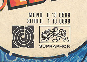 The Beatles - A COLLECTION OF BEATLES OLDIES (Supraphon 1 13 0599) – cover, front side (fragment) with the mono and stereo catalogue numbers and Gramophone club and Supraphon logos