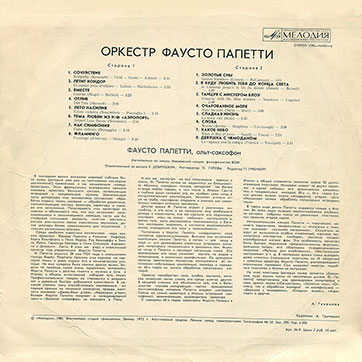 Оркестр Фаусто Папетти (Мелодия С90-16405-6), Апрелевский завод − обложка, оборотная сторона
