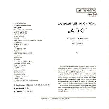 Эстрадный ансамбль ABC (стерео, Мелодия 33СМ-02587), Всесоюзная студия грамзаписи – обложка, оборотная сторона (вар. 2)