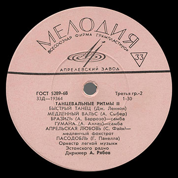 Оркестр лёгкой музыки эстонского радио – ТАНЦЕВАЛЬНЫЕ РИТМЫ II (Мелодия 33Д-19363-4), Апрелевский завод − этикетка (вар. pink-2), сторона 2