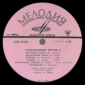 Оркестр лёгкой музыки эстонского радио – ТАНЦЕВАЛЬНЫЕ РИТМЫ II (Мелодия 33Д-19363-4), Рижский завод − этикетка (вар. pink-1), сторона 2