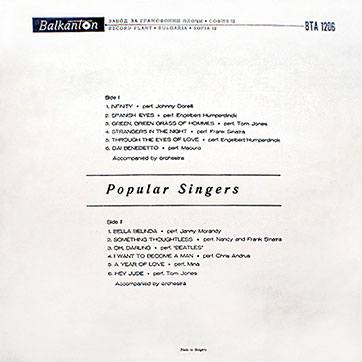 Various Artists (featuring The Beatles, Tom Jones) – POPULAR SINGERS (Balkanton ВТА 1206) - sleeve (var. 9), back side