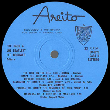 De Bach a Los Beatles, Leo Brouwer, guitarrista (Areito LD-3876) – label (var. blue-3), side 2