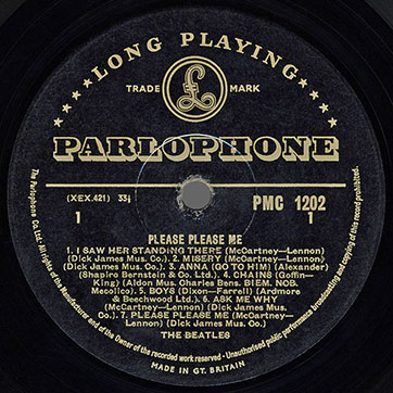 The Beatles - Please Please Me (Parlophone PMC 1202) – label, front side