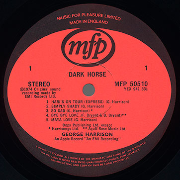 George Harrison - THE BEST OF GEORGE HARRISON (Music For Pleasure MFP 50523) – label, side 1