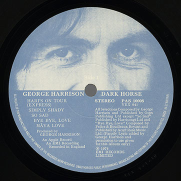 George Harrison - DARK HORSE (Apple PAS 10008) – label (blue/grey), side 1