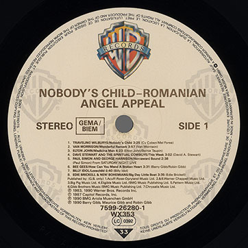 Various Artists – Nobody's Child (Romanian Angel Appeal) (Warner Bros. 7599-26280-1 / WX 353) – label, side 1