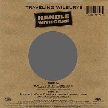 Traveling Wilburys - Handle With Care (Wilbury/Rhino RHI7-198908) – die-cut picture sleeve, back side