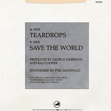 George Harrison - Teardrops / Save The World (Dark Horse K 17837 / DHS 0511) – cardboard sleeve, back side