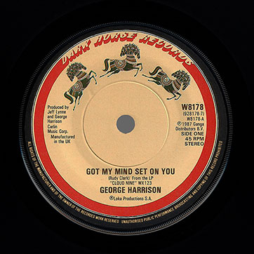 George Harrison - Got My Mind Set On You / Lay His Head (Dark Horse W8178 / 928 178-7) – label (var. three horses), side 1
