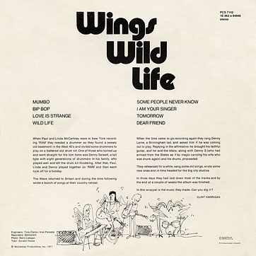 Paul McCartney and Wings - WILD LIFE (Apple PCS 7142) – cover, back side