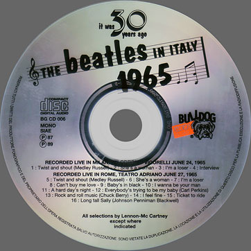 The Beatles Live at TEATRO ADRIANO Roma - June 27, 1965 (Bulldog Records BGCD-006) − cd