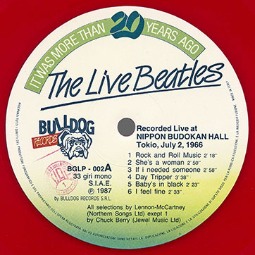 The Beatles Live at NIPPON BUDOKAN HALL Tokio July 2, 1966 (Bulldog Records BGLP-002) – label, side 1 (var. 1a)
