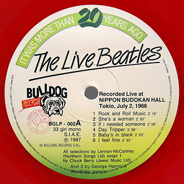 The Beatles Live at NIPPON BUDOKAN HALL Tokio July 2, 1966 (Bulldog Records BGLP-002) – label, side 1 (var. 1b)