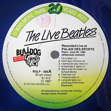 The Beatles Live at PALAIS DES SPORTS Paris - June 20, 1965 (Bulldog Records BGLP 005) – label, side 1