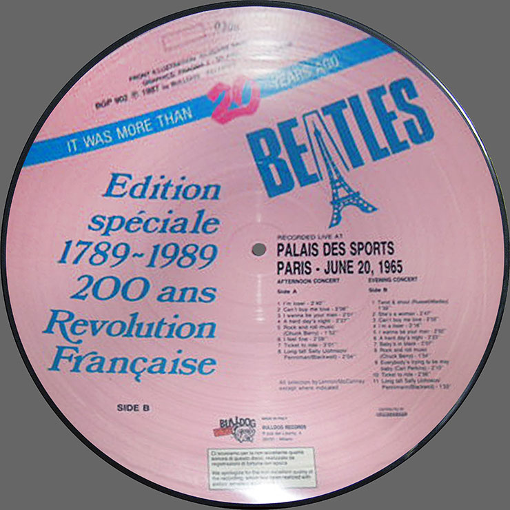 The Beatles Live at PALAIS DES SPORTS Paris - June 20, 1965 (Bulldog Records BGP 902) – picture disc, back side