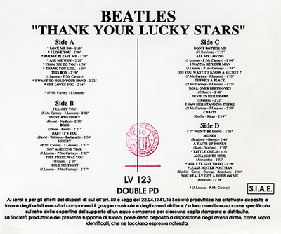 The Beatles - Thank Your Lucky Stars (Cosmic Communications LV 123) double picture disc set – one-sided insert with track list and additional information