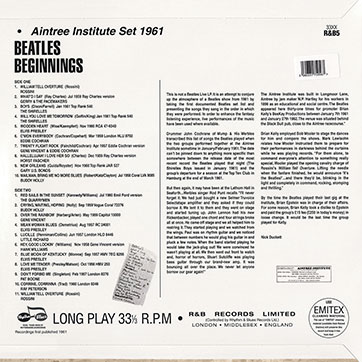 Various Artists – BEATLES BEGINNINGS - AINTREE INSTITUTE SET 1961 (Rhythm & Blues Records R&B5) – cover, back side