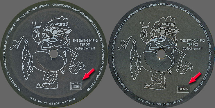 The Beatles - Ultra Rare Trax Vol.1 (The Swingin' Pig TSP 001) – earliest (left) and latest (right) labels