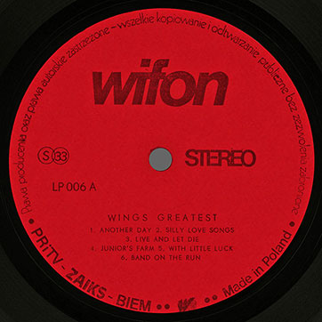 Wings - WINGS GREATEST (Wifon LP 006) – label, side 1