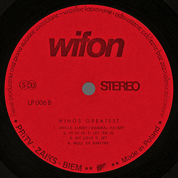 Wings - WINGS GREATEST (Wifon LP 006) – label, side 2