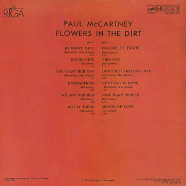 FLOWERS IN THE DIRT LP by Melodiya (USSR), Riga Plant – sleeve, back side (var. 1a)