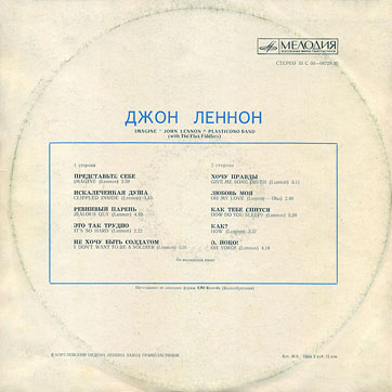IMAGINE LP by Melodiya (USSR), Aprelevka Plant – sleeve (var. 1), back side (var. A)
