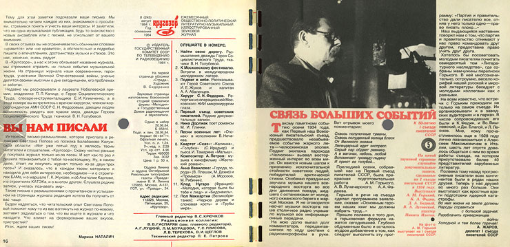 Horizons 8-1984 magazine (USSR) – page 16 (with imprint and contents of this issue) and page 3 of laminated cover