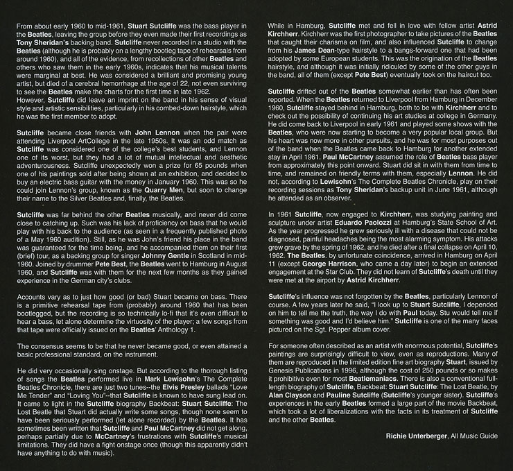 THIS IS..... THE SAVAGE YOUNG BEATLES (Lilith Records LR305) – a short story of Stuart Sutcliffethe on inside of the gatefold sleeve (left part)