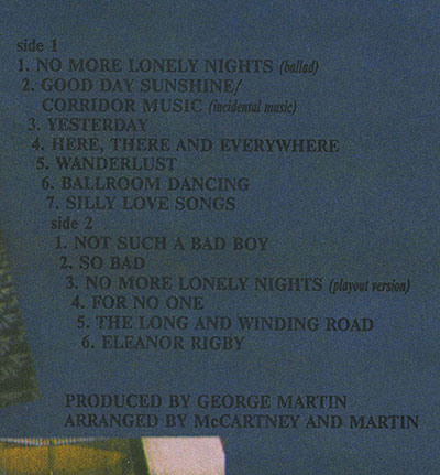Paul McCartney – GIVE MY REGARDS TO BROAD STREET (Santa П93 00613) – перечень песен в правом верхнем углу оборотной стороны обложки