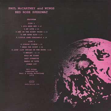 Paul McCartney and Wings - RED ROSE SPEEDWAY (Santa П93 00657) – sleeve, back side