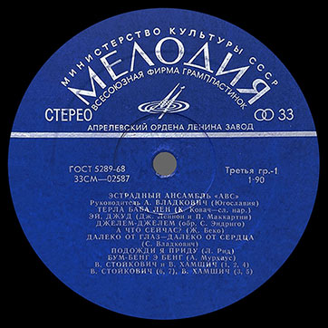 Эстрадный ансамбль ABC (стерео, Мелодия 33СМ-02587), Апрелевский завод - этикетка (вар. dark blue-4), сторона 1