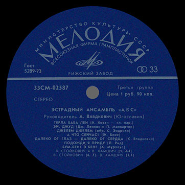 Эстрадный ансамбль ABC (стерео, Мелодия 33СМ-02587), Рижский завод - этикетка (вар. dark blue-1), сторона 1