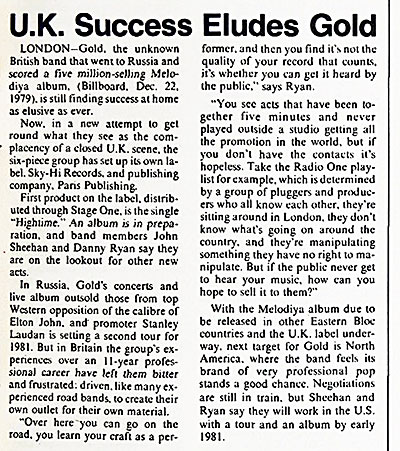 Тони Леккакорви и ансамбль «Голд» (Великобритания) (Мелодия Г62-07653-4) – статья U.K. Success Eludes Gold в номере журнала Billboard от 2 августа 1980 года, стр. 53