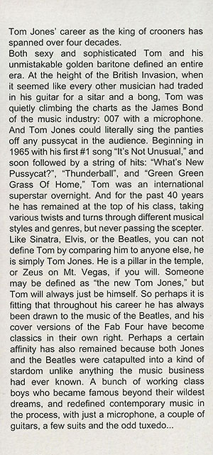 Tom Jones – TOM SINGS THE BEATLES (Lilith Ltd LR127) − sleeve notes in English