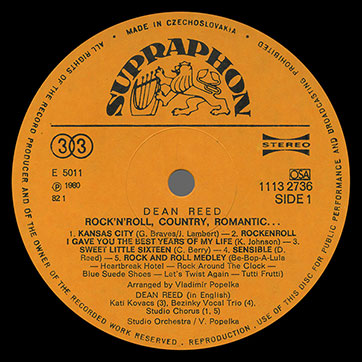 Dean Reed – Dean Reed. Rock-N-Roll, Country, Romantic... (Supraphon 1113 2586) – label (var. orange-3), side 1