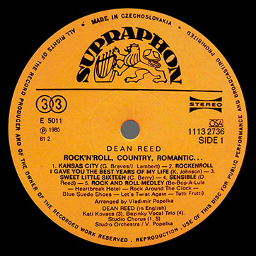 Dean Reed – Dean Reed. Rock-N-Roll, Country, Romantic... (Supraphon 1113 2586) – label (var. orange-2), side 1