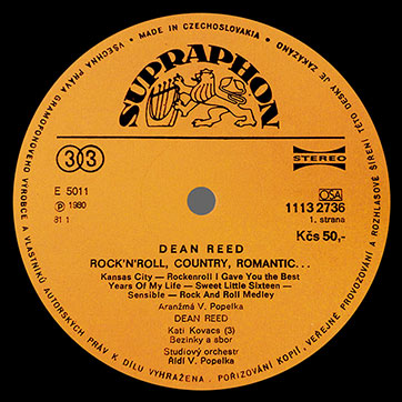 Dean Reed – Dean Reed. Rock-N-Roll, Country, Romantic... (Supraphon 1113 2586) – label (var. orange-1), side 1