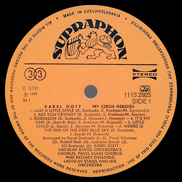 Karel Gott, chorus and orchestra – Karel Gott. My Czech goldies (Supraphon 1113 2925) – label (var. orange-2a), side 1