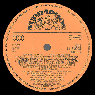 Karel Gott, chorus and orchestra – Karel Gott. My Czech goldies (Supraphon 1113 2925) – label (var. orange-3), side 1