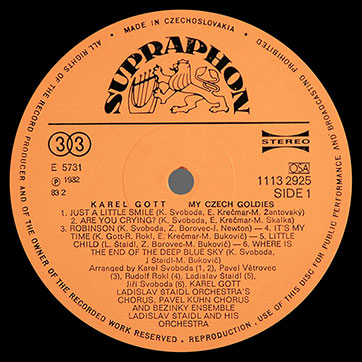 Karel Gott, chorus and orchestra – Karel Gott. My Czech goldies (Supraphon 1113 2925) – label (var. orange-1), side 1
