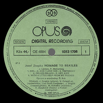 Jozef Zsapka featuring other artists – JOZEF ZSAPKA. HOMAGE TO BEATLES (Opus 9313 1706) – label (var. green-1a), side 1