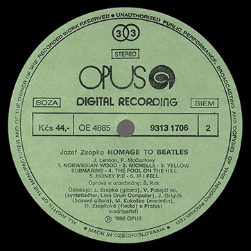 Jozef Zsapka featuring other artists – JOZEF ZSAPKA. HOMAGE TO BEATLES (Opus 9313 1706) – label (var. green-1a), side 2