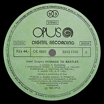 Jozef Zsapka featuring other artists – JOZEF ZSAPKA. HOMAGE TO BEATLES (Opus 9313 1706) – label (var. green-2), side 2