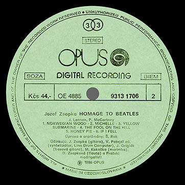Jozef Zsapka featuring other artists – JOZEF ZSAPKA. HOMAGE TO BEATLES (Opus 9313 1706) – label (var. green-1b), side 2
